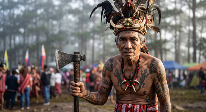 Adivay Festival Benguet Philippines, Igorot Warrior Elder in Traditional Bahag and Tattoos at Highland Ceremony
