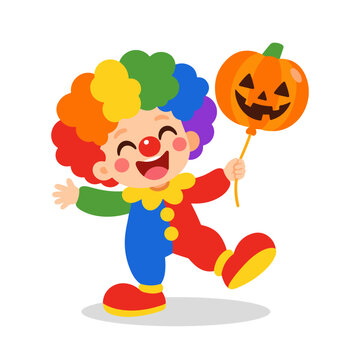Cute Kid Clown with Rainbow Wig Holding Pumpkin Balloon Halloween Party Illustration
