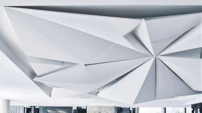 Origami ceiling, folded paper canopy in matte white composite suspended inside boutique hotel