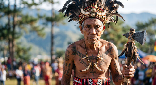Adivay Festival Benguet Philippines, Igorot Warrior Elder in Traditional Bahag and Tattoos at Highland Ceremony