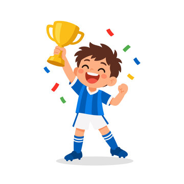 Proud Soccer Kid Holding Golden Trophy Cup Victory Celebration Illustration