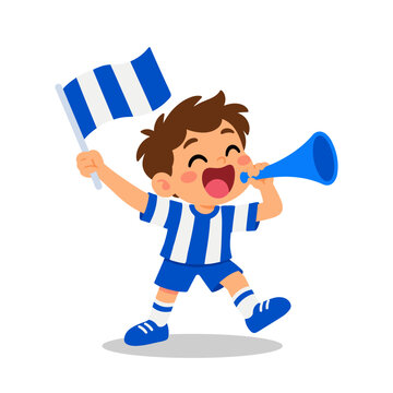 Happy Soccer Fan Kid with Flag and Horn Cheering Team Support Illustration