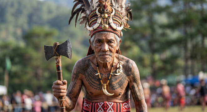Adivay Festival Benguet Philippines, Igorot Warrior Elder in Traditional Bahag and Tattoos at Highland Ceremony