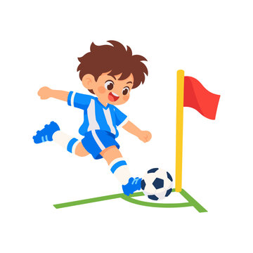 Soccer Kid Taking Corner Kick with Flag Ball on Corner Arc Illustration