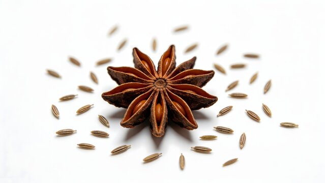 Star Anise and Cumin Seeds on White Background
