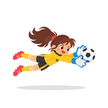 Brave Goalkeeper Girl Diving Sideways Saving Soccer Ball Cartoon Illustration