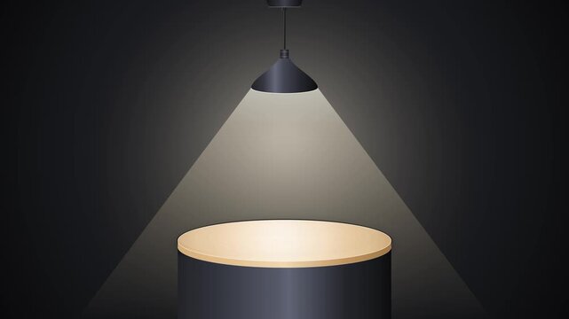 Empty wooden pedestal in a dark studio with a hanging lamp switching on to cast a bright spotlight
