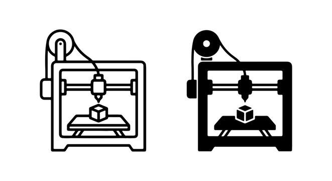 3D printer creating a cube object, presented as both line art and solid icon.