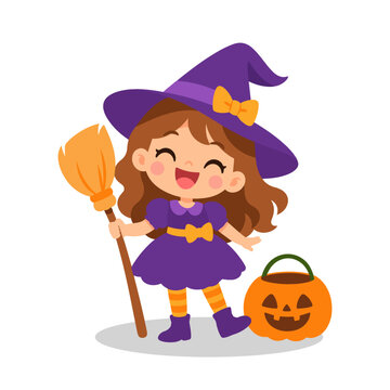Cute Little Witch Girl with Broom and Pumpkin Candy Bucket Halloween Illustration