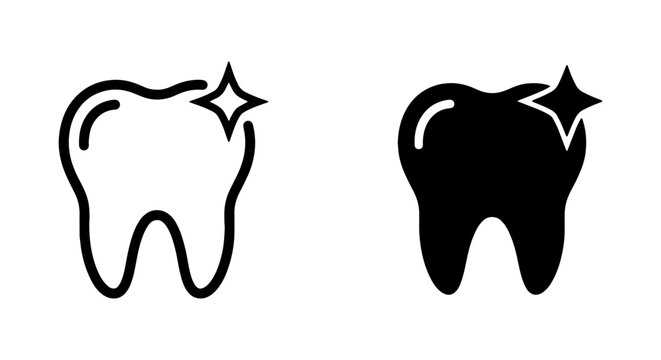 Clean tooth icon with a sparkle, presented in both line art and solid fill, symbolizes dental health and hygiene.