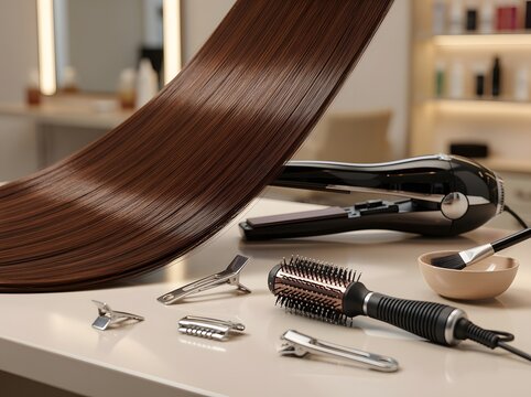 Professional hair care and keratin smoothing treatment concept with glossy hair and salon equipment.