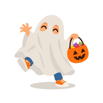 Funny Kid in White Ghost Sheet Costume with Candy Bucket Halloween Illustration