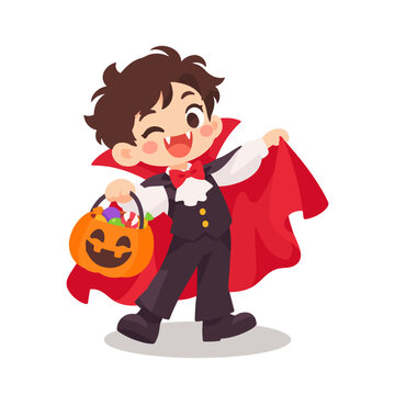 Funny Little Vampire Boy with Red Cape Holding Candy Pumpkin Bucket Illustration