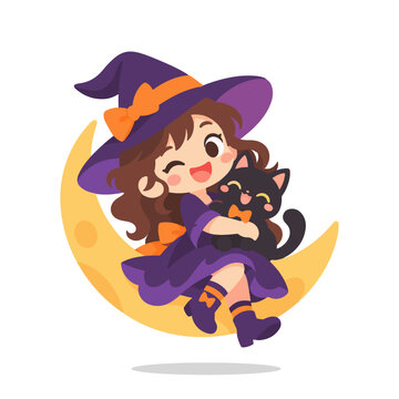 Happy Witch Girl Hugging Black Cat Sitting on Crescent Moon Halloween Illustration