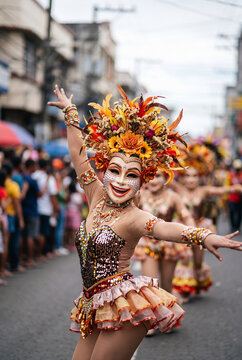 MassKara Festival Bacolod Philippines, Smiling Mask Dancer in Vivid Costume at City Fiesta Street Performance