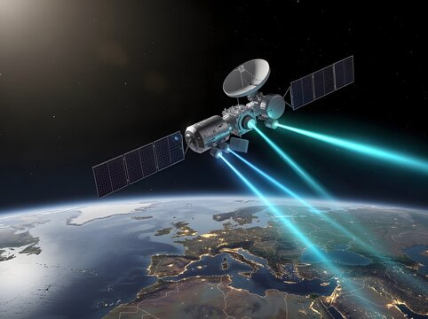 Communications satellite in Earth orbit transmitting blue laser data beams to European continent.   