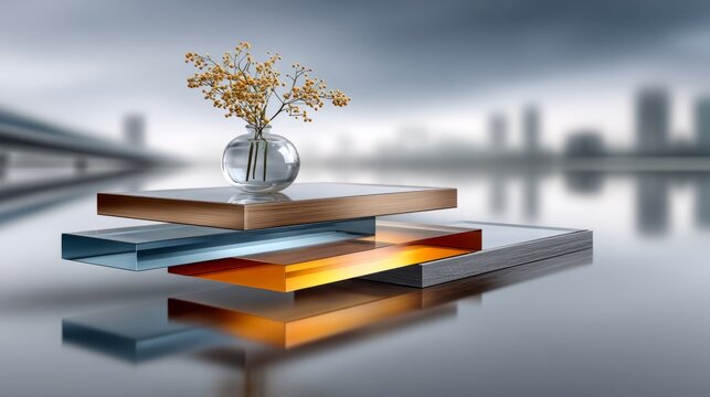 A table with layered surfaces holds a vase of flowers, reflecting light in a city environment at dusk