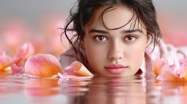 Young woman rests in water surrounded by flower petals in a serene setting