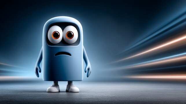 A charming blue figure with big eyes stands in a vibrant setting, sparking curiosity and wonder