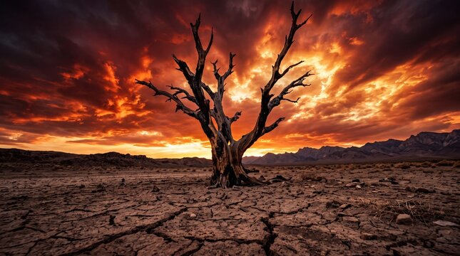 A solitary withered tree stands firm against a dramatic fiery sunset sky over the cracked desert earth surface during a period of extreme climate change and intense global heat wave environment