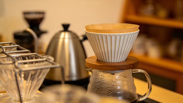 Pour Over Coffee Brewing Equipment on Wooden Counter