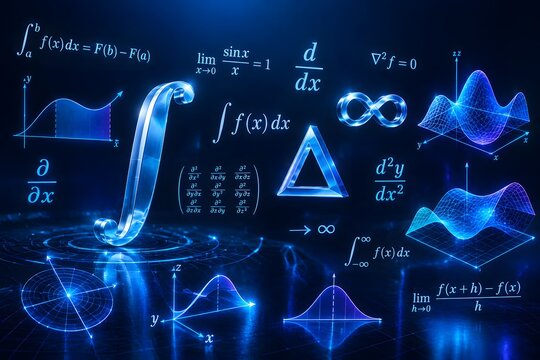 Glowing Blue Calculus Integral Symbol Square Root and Delta Sign with Differential Equations Background