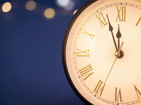 Round antique clock face with roman numerals indicating minutes before twelve o clock midnight against dark blue background with lights
