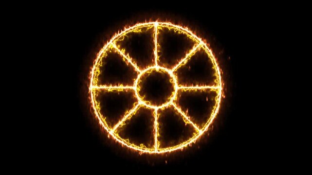 Glowing dharmachakra wheel blazes with golden flames on black. Buddhist eight-spoked emblem of dharma ignites through fire animation. Sacred spiritual energy for meditation and zen themes.