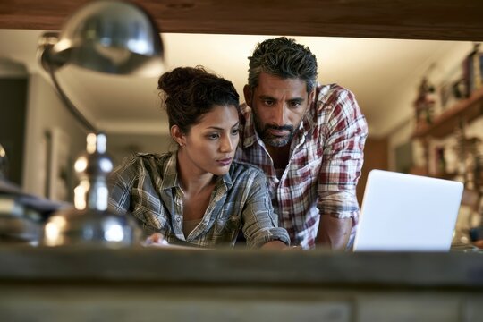 Two adults studying laptop together at home with focused expressions, plaid shirts, warm interior lighting, and blurred foreground, collaborative domestic workspace scene
