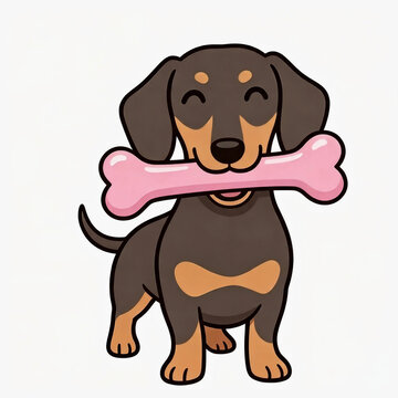 Cute dachshund dog carrying a big pink bone in its mouth, cheerful cartoon puppy vector illustration isolated on white background for pet themed design.

