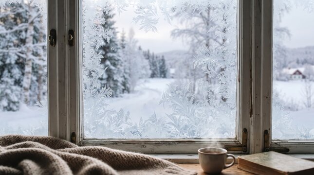 Frosted window view with steaming coffee and book in a cozy winter landscape with copy space