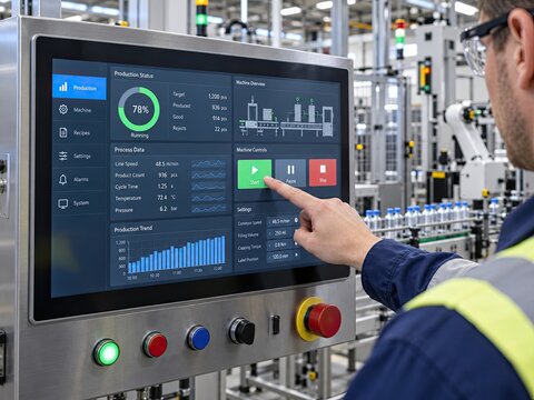 Engineer operates smart factory production line control screen, monitoring data, managing process, and ensuring quality control in manufacturing facility.