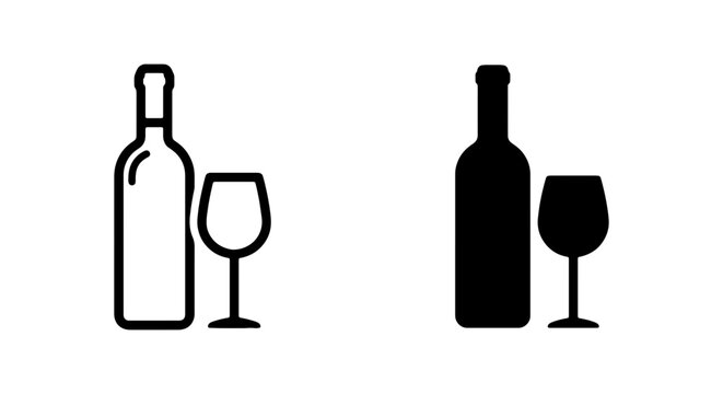 Wine bottle and glass symbol in outline and solid black for beverage.