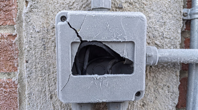 Frozen broken outdoor electrical junction box with exposed wires showing winter damage and a safety hazard