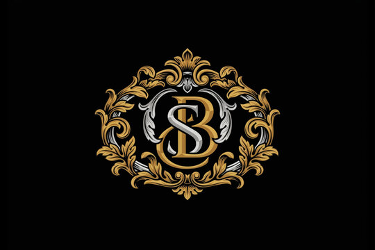 Elegant ornamental frame with monogram letters S B intertwined in gold and silver decorative flourishes for luxury wedding invitation or brand identity.