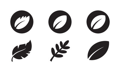 Fototapeta premium Minimalist black leaf icons set in circles and silhouettes for organic brand identity development.
