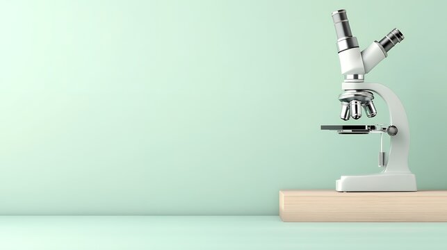 A modern white microscope sits on a light wooden surface against a mint green background, ready for scientific exploration