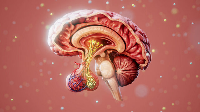 Conceptual 3D illustration of the hypothalamus and pituitary axis in a sectioned brain