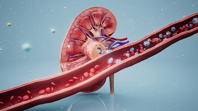 Conceptual 3D illustration of a kidney releasing EPO into a blood vessel