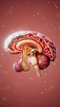 Conceptual 3D illustration of the hypothalamus and pituitary axis in a sectioned brain