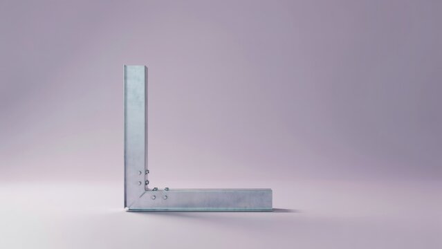 A metallic l shaped structural beam component standing isolated against a plain light purple studio background with single industrial metal beam positioned upright