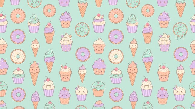 Seamless pattern of cute kawaii donuts and cupcakes on a mint background