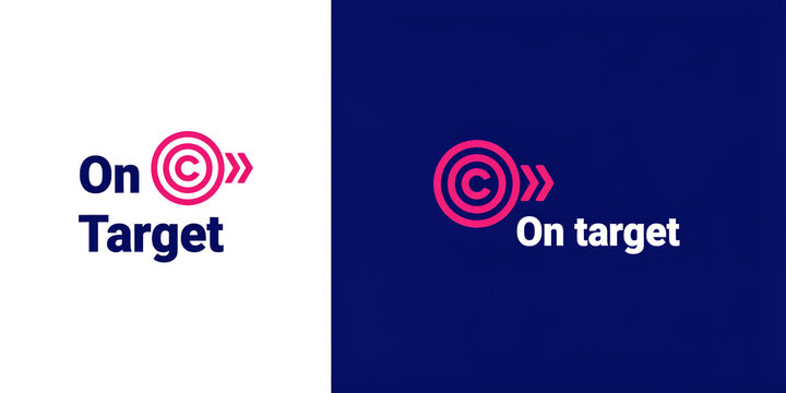 Vibrant pink and blue on target logo design for business strategy and marketing, presented on white and dark blue backgrounds.