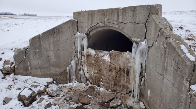 Derelict concrete culvert headwall damaged by severe winter weather, creating a scene of decay and frozen conditions