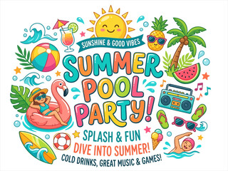 Fototapeta premium Summer typography bundle with tropical elements and beach icons on a white background