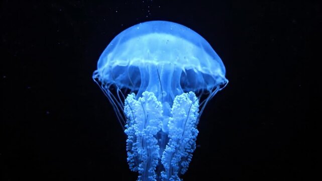 glowing blue medusa jellyfish swimming in dark deep water