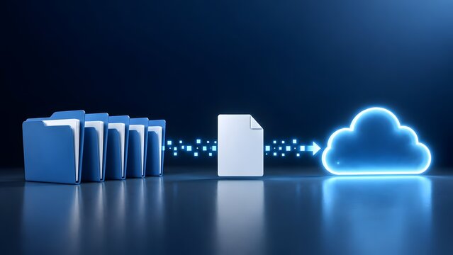 Physical office folders digitizing into data particles transferring directly into a glowing cloud computing network