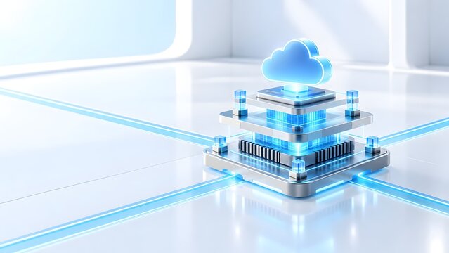 Minimalist 3D cloud computing network infrastructure and data storage server glowing with blue light on clean white background