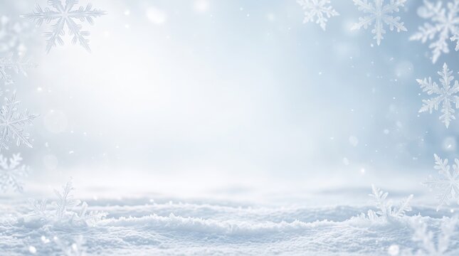 A serene winter landscape with sparkling snow and delicate falling snowflakes, creating a bright blue and white background, perfect for festive christmas greetings.
