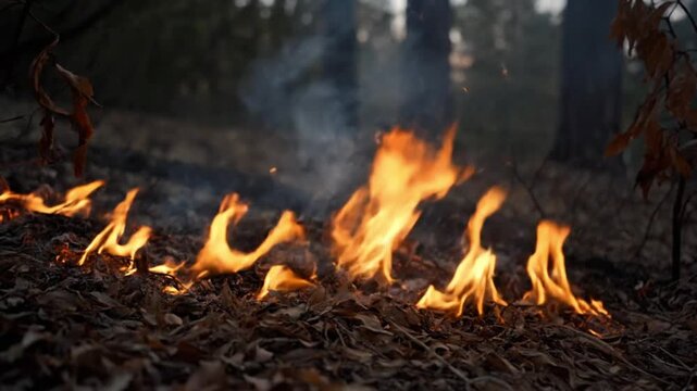 Forest Floor Fire Burning Dry Leaves in Autumn Woods.
